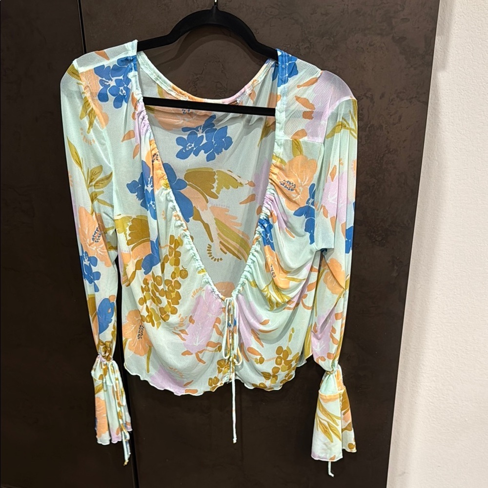 Free People Blue and Yellow Ruched Flutter Sleeve Sheer Blouse